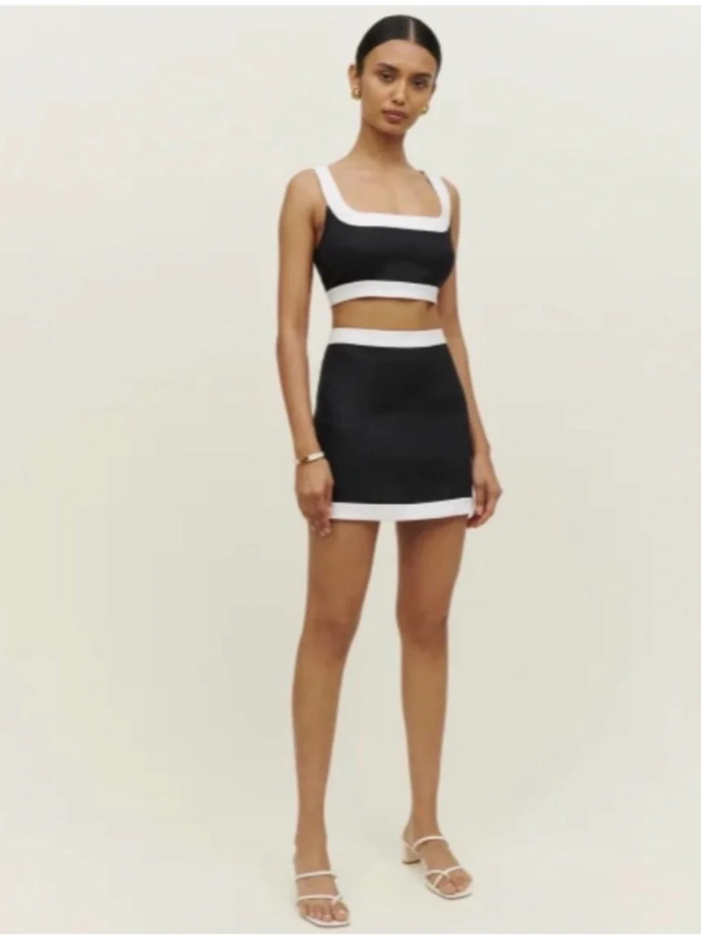 NWOT Reformation Robbie Linen Two Piece in Black White Sleeveless Top Skirt